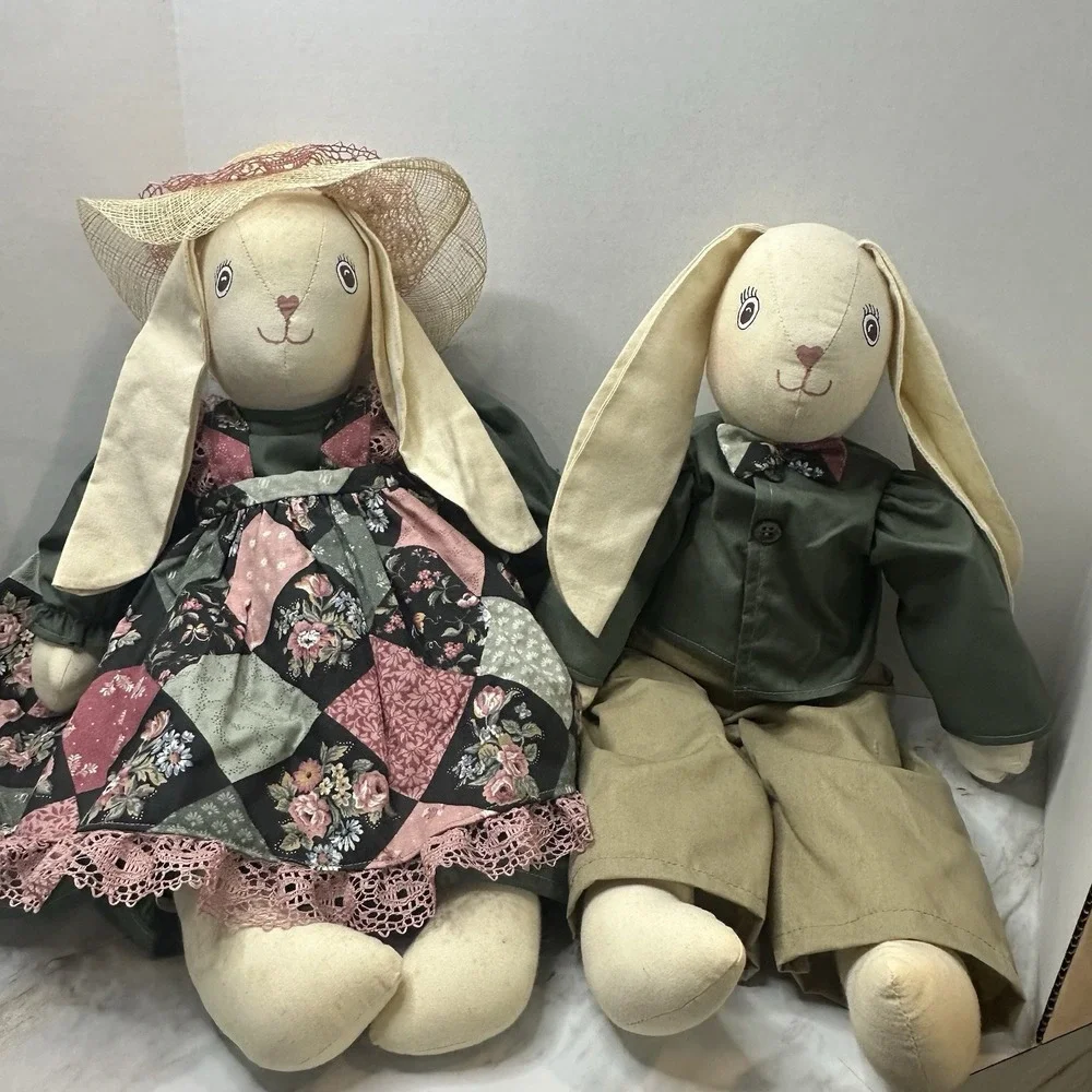 VTG Handmade Bunny Rabbits Plush Country Cottage‎ Chic Primitive Set